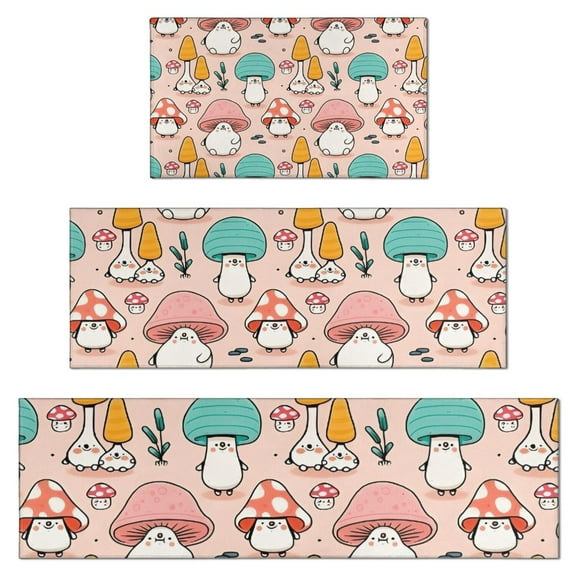 Pink Mushroom Cartoon Light Pattern Kitchen Rugs Sets Of 3,Kitchen Runner Rugs Non Skid Washable,Decorative Kitchen Floor Mats for Kitchen,Sink,Laundry,17"x30"+ 17"x47" + 17"x59"