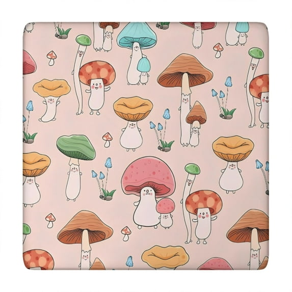 Pink Mushroom Cartoon Light Pattern Square Fitted Tablecloth with Elastic Edge,Square Table Cover,Washable Elastic Table Cover for Home Kitchen Party Decor 34"x34"