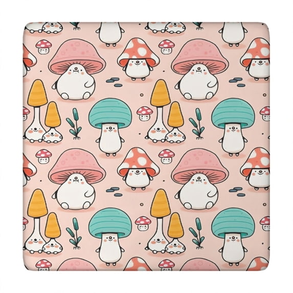 Pink Mushroom Cartoon Light Pattern Square Fitted Tablecloth with Elastic Edge,Square Table Cover,Washable Elastic Table Cover for Home Kitchen Party Decor 34"x34"