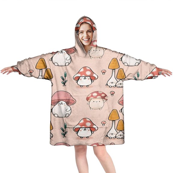 Pink Mushroom Cartoon Light Pattern Wearable Oversized Blanket,Wearable Blanket Hoodie for Adults,Cozy Hooded Blankets with Super Pockets,Super Warm Fuzzy Pullover for Women & Men
