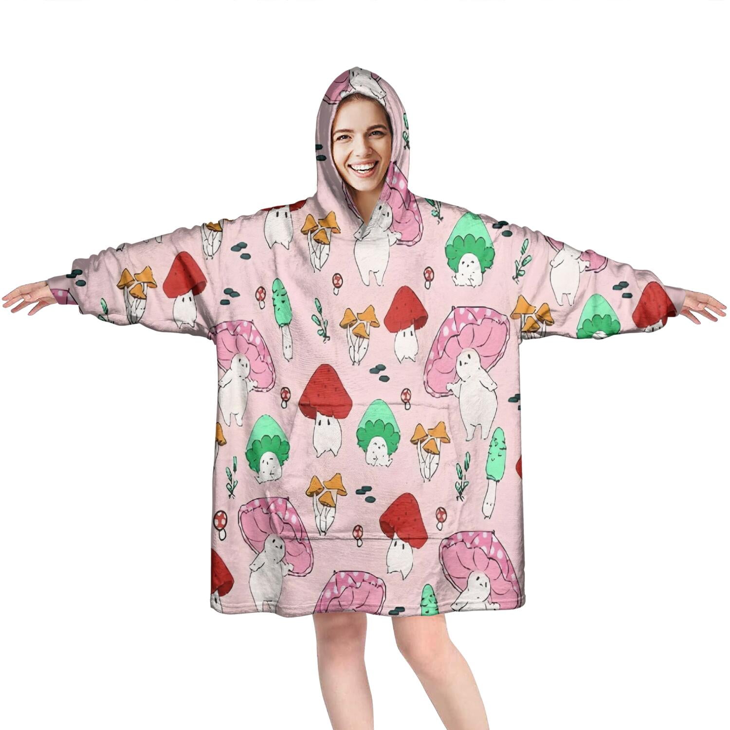 Pink Mushroom Cartoon Light Pattern Wearable Oversized Blanket,Wearable Blanket Hoodie for Adults,Cozy Hooded Blankets with Super Pockets,Super Warm Fuzzy Pullover for Women & Men
