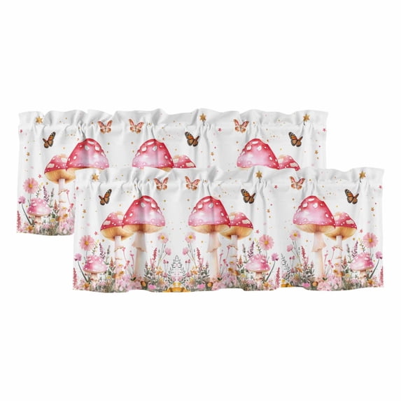Pink Mushroom Curtain Valances for Windows, Kitchen Valance Window Treatments Panel 2 Pack, Botanical Floral Spring Summer Rod Pocket Short Curtains for Bathroom Bedroom 42 x 18 Inch