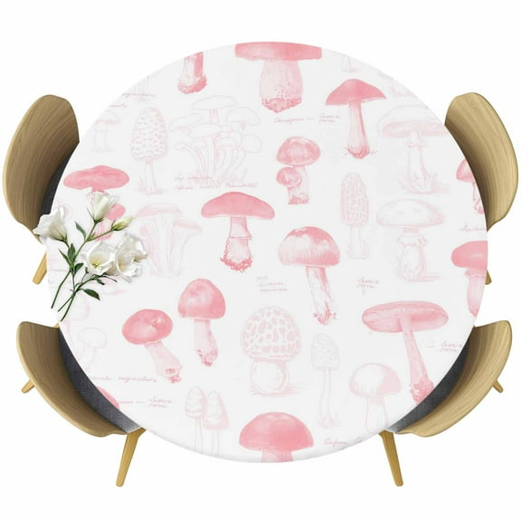 Pink Mushroom Fitted Tablecloth with Elastic Edged, Round Table Cloth for Dining Table, Vintage Botanical Autumn Farmhouse Waterproof Oil Proof Table Cover for Indoor Outdoor 36"-44"