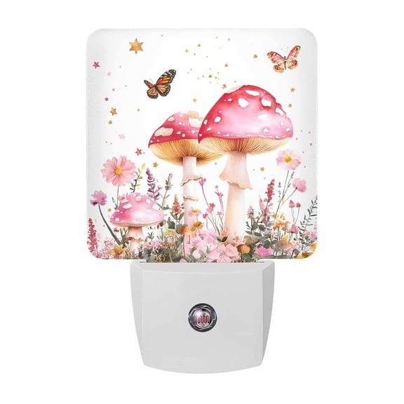 Pink Mushroom Flowers Butterfly Plug-in LED Night Lights Wildflowers Auto Dusk-to-Dawn Sensor for Bedroom, Bathroom, Kitchen, Nursery, Hallway, Stairs, Wall Home Decor