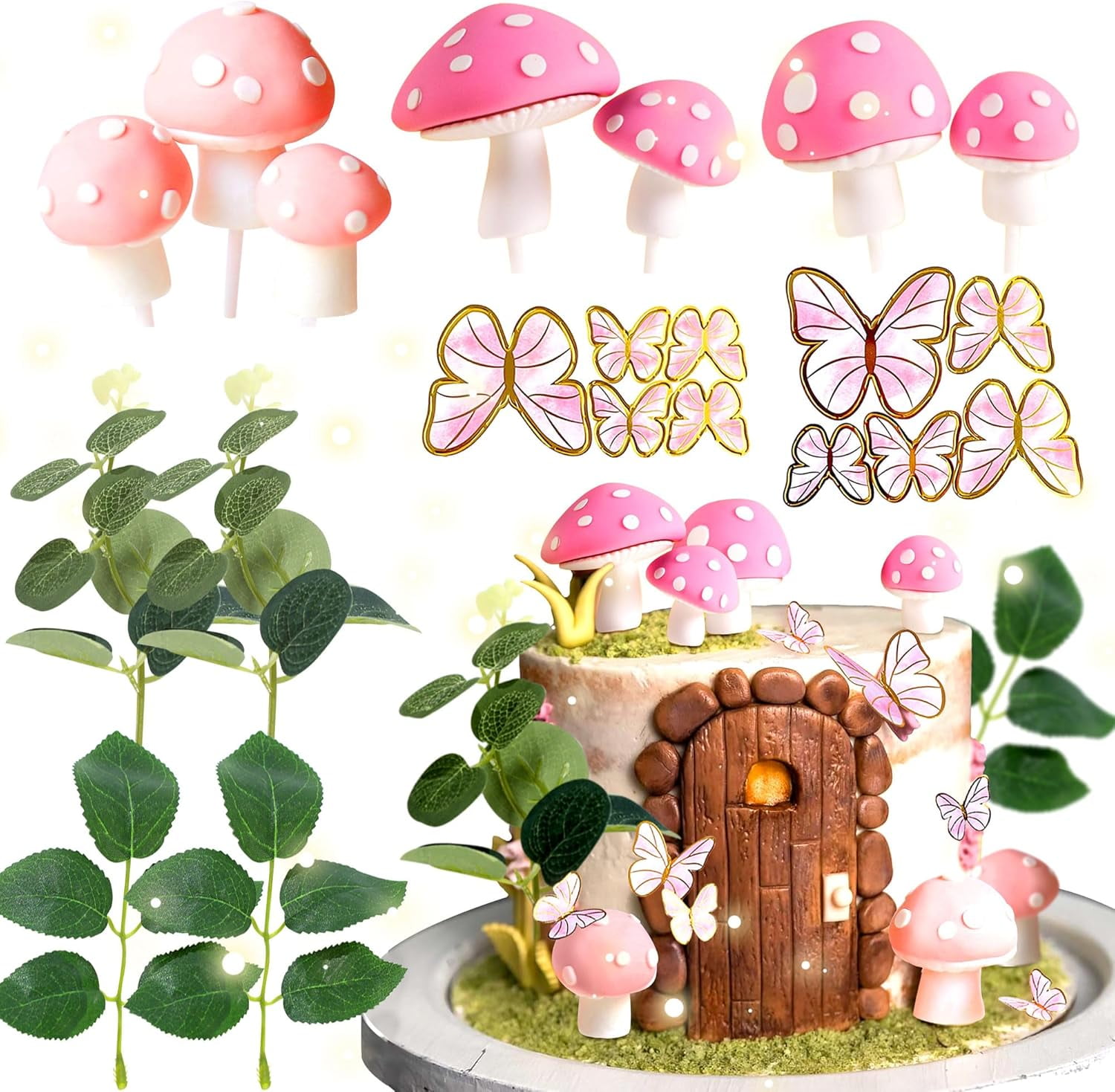 Pink Mushroom House Cake Decoration - Mushroom & Fairy Party Supplies