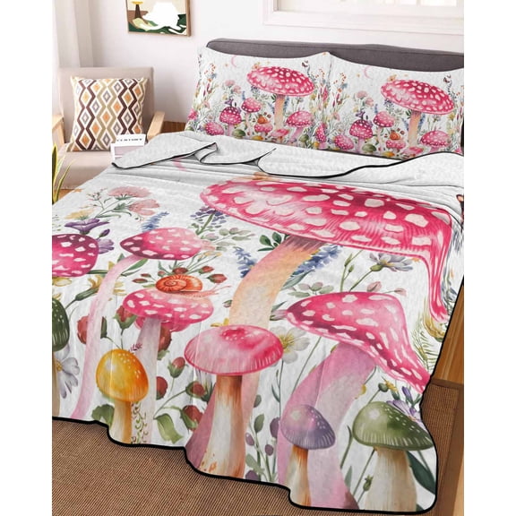 Pink Mushroom King Size Down Alternative Comforter, Lightweight Comforter Quilt Bedding Set with Pillow Shams Butterfly Flower Moon Country Botanical All Seasons Bed Comforter Duvet Insert 96"x106"