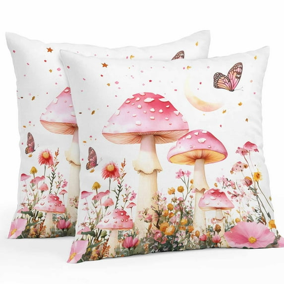 Pink Mushroom Outdoor Pillow Covers Pack of 2 Romantic Flowers Butterfly Moon Watercolor Waterproof Throw Pillow Covers Decorative Cushion Cases for Patio Garden Tent Balcony Couch 20x20 inch