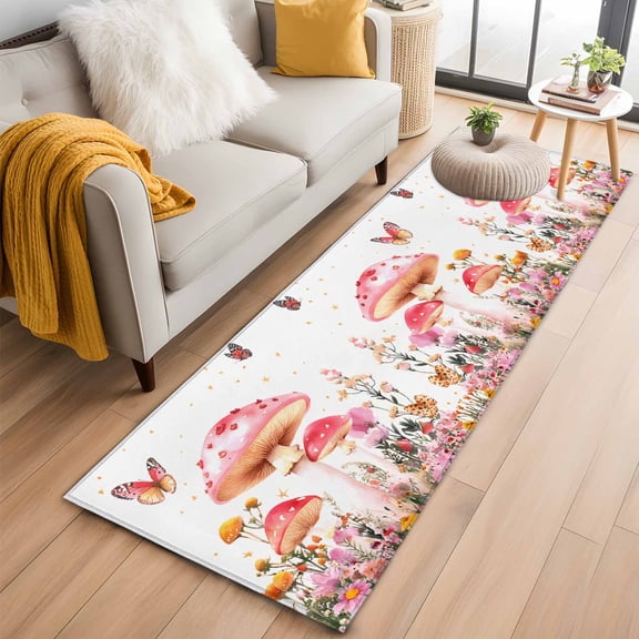 Pink Mushroom Runner Rug 2x6 FT, Non Slip Hallway Rugs, Spring Botanical Floral Summer Washable Soft Floor Carpet Non-Shedding Throw Runner Carpet Long Rug for Entryway Kitchen Bedside Sliding Door