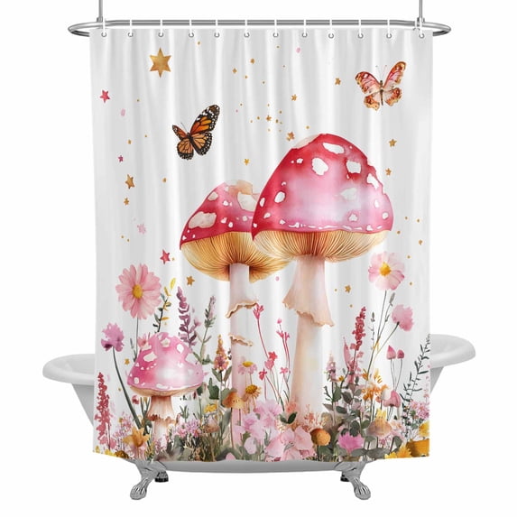 Pink Mushroom Shower Curtain for Bathroom, Retro Flowers Butterfly Moon Watercolor Waterproof Cloth Fabric Bathroom Accessories Set with 12 Rust Proof Plastic Hooks, 72"x72"