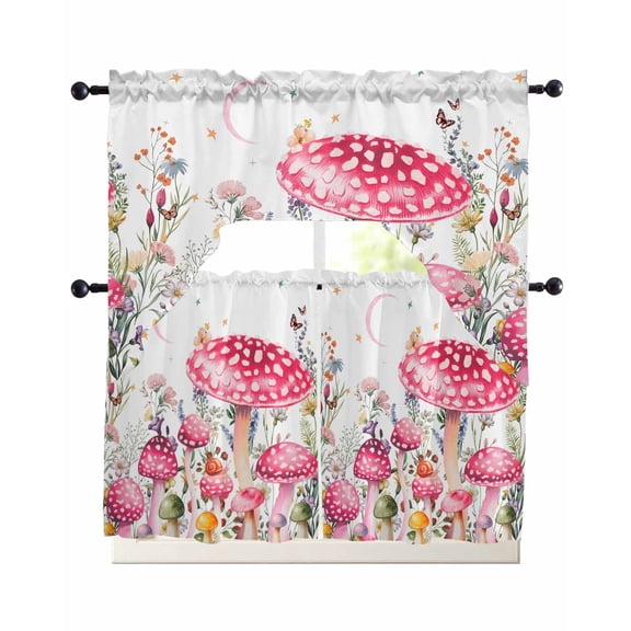 Pink Mushroom Swag Curtains for Living Room/Bedroom Windows, Butterfly Flower Moon Country Botanical Kitchen Curtains and Valances Set 36 Inch Length, Light Filtering Swags Valance Curtain Panels