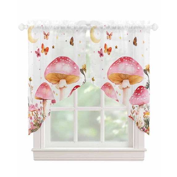Pink Mushroom Swag Valances for Windows, Spring Botanical Summer Floral Elegant Rod Pocket Sheer Valances for Large Windows, Swag Toppers Light Filtering for Kitchen Living Room 2 Panels 36''x45''