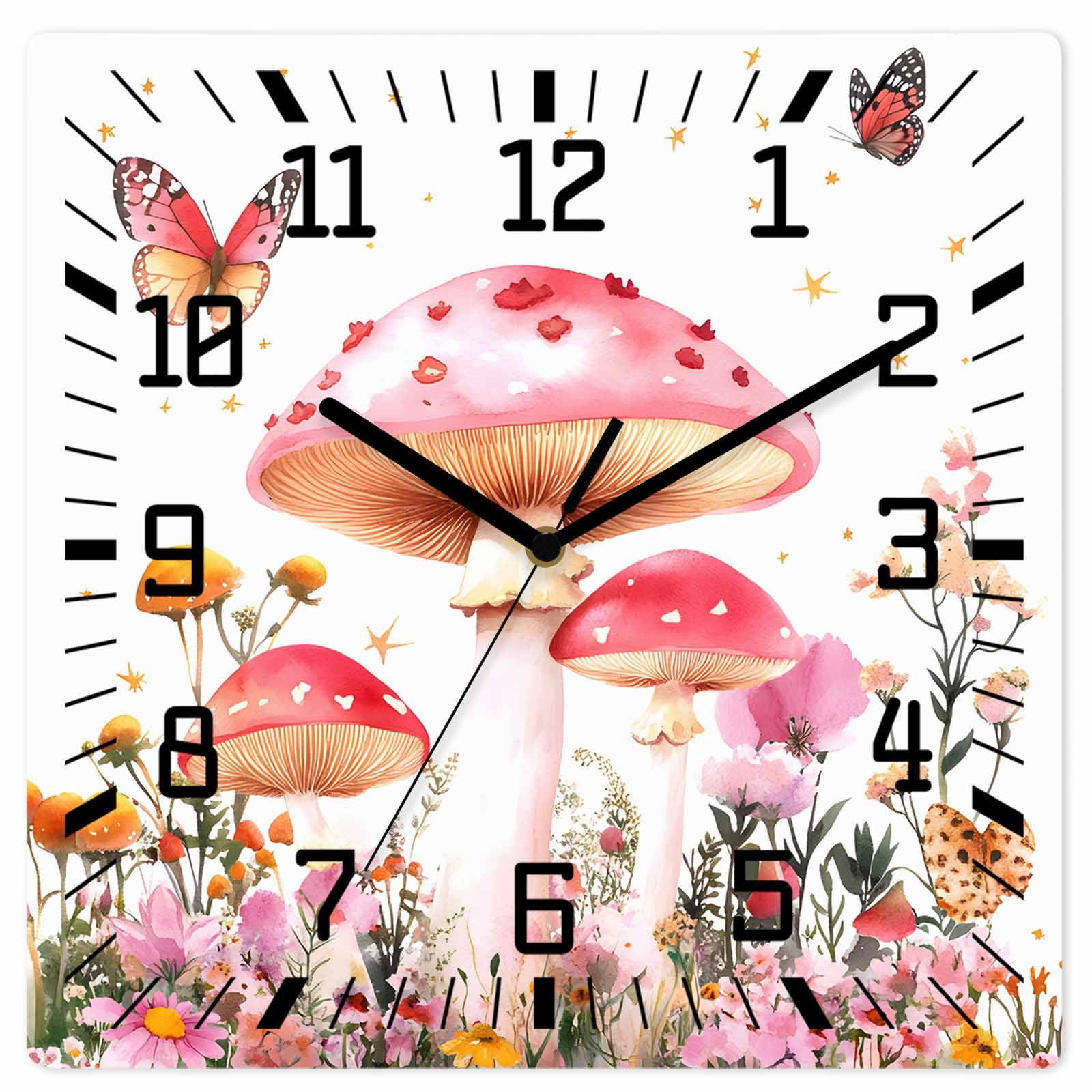 Pink Clock Square Pink Mushroom Wooden Wall Clock Silent Non Ticking, Spring Botanical ...