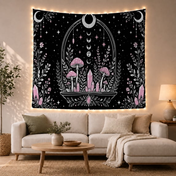 Pink Mushrooms and Lunar Phases in a Celestial Garden, Mystical Celestial for Cottagecore Fans, Mystical Wall Art Decor, Housewarming Gift, Tapestry Wall Hanging for Bedroom and Living Room