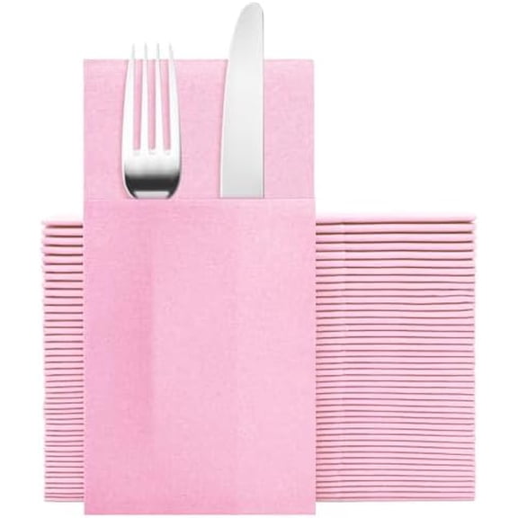Pink Napkins Hand Towels Disposable, Linen-Feel Dinner Napkins with Prefolded Built-in Flatware Pocket, Guest Paper Hand Towels For Wedding, Dinner Or Party (16x16in, 50Packļ¼