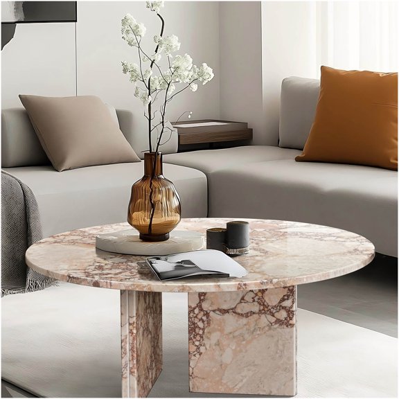 Pink Natural Marble Coffee Table, Modern Round Accent Table for Living Room, Sofa Side Table with Genuine Stone Top