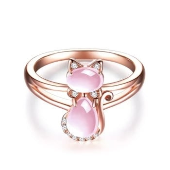 Pink Natural Stone Cute Cat Ring Exquisite Rose Gold Color Animal Rings For Women Luxury Crystal Jewelry Best Gift