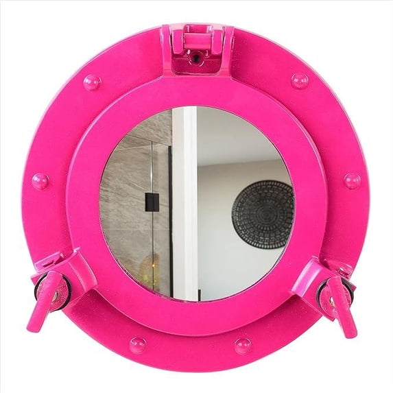 Pink Nautical Porthole Wall Mounted Hanging Decor Handcrafted Mirror | Round Ship's Porthole Functional & Openable Replica (12 Inches)