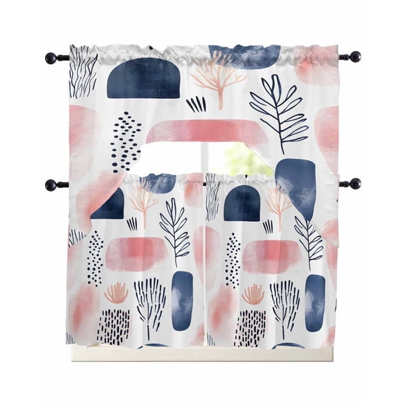 Pink Navy Blue Abstract Art Swag Curtains for Living Room/Bedroom Windows, Modern Geometric Art Kitchen Curtains and Valances Set 36 Inch Length, Light Filtering Swags Valance Curtain Panels