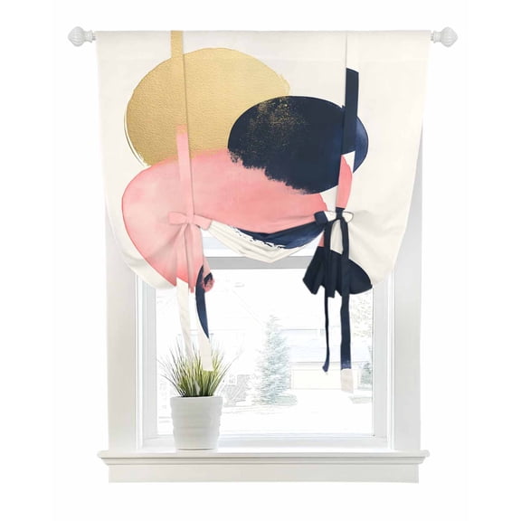 Pink Navy Blue Abstract Art Tie Up Curtains for Window, Thermal Insulted Balloon Shade Adjustable Rod Pocket Curtains Valance Panels for Kitchen Bathroom Cafe 52 x 45 Modern Geometric Luxury