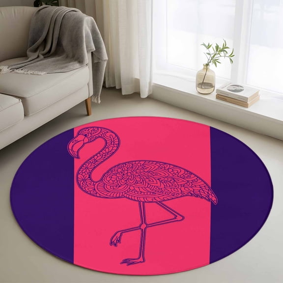 Pink Navy Blue Flamingo Round Rugs 4ft, Summer Beach Coastal Modern Art Non Slip Washable Rug Runner, Low Pile Indoor Floor Carpet Mat Bathroom Rugs for Living Room, Bedroom, Kids Room