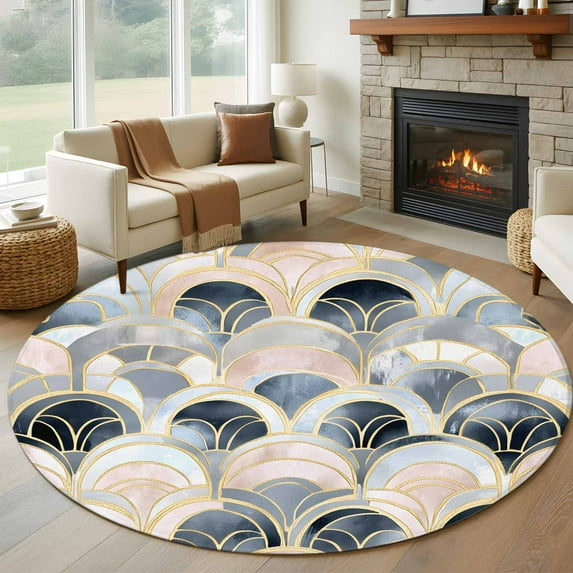 Pink Navy Blue Geometric Round Rug 5ft Washable Circle Kitchen Rugs Non Slip Abstract Art Modern Large Area Rug Indoor Floor Carpet for Bedroom Living Room Home Office Dining Room Nursery