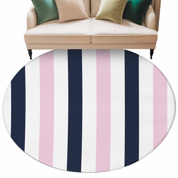 Pink Navy Blue Striped Large Area Rugs for Bedroom Living Room, Soft Non Slip Carpet Bedside Rug, Farmhouse Stripe Art Round Floor Cover Kitchen Accent Rug 5' for Dining Room/Office