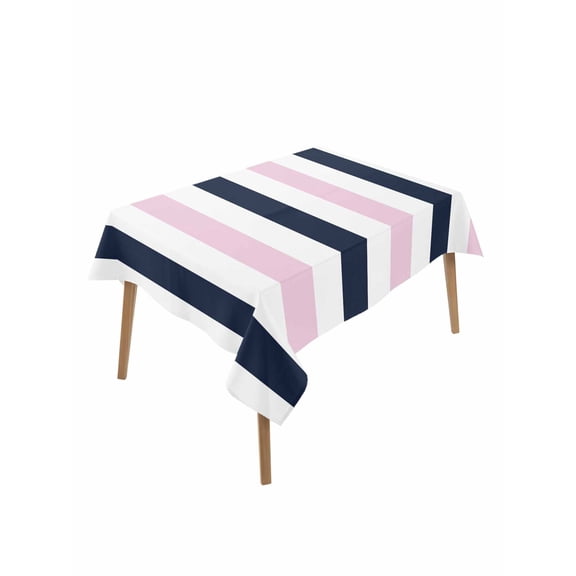 Pink Navy Blue Striped Rectangle Tablecloth, Farmhouse Stripe Art Waterproof & StainResistant Tablecloth, Washable Oil-proof Table Cover for Dining/Party/Wedding/Camping/Buffet 52x70 In