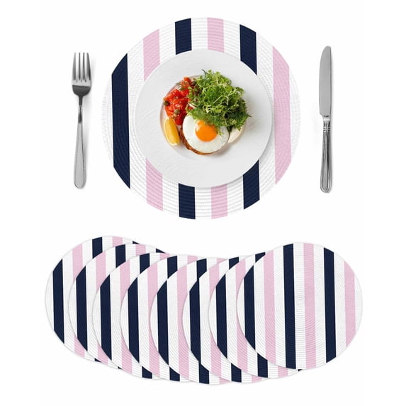 Pink Navy Blue Striped Round 13 Inch Placemats Set of 8, Farmhouse Stripe Art HeatResistant Non Slip Place Mats for Dining Table, Wipeable Braided Kitchen Table Mats for Housewarming