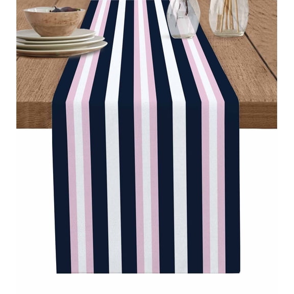 Pink Navy Blue Striped Table Runner 90 Inches, Minimalist Abstract Lines Artwork Bed Runner Dresser Scarves Tabletop for Indoor Outdoor Parties/Ceremony/Banquet, 13" x 90"
