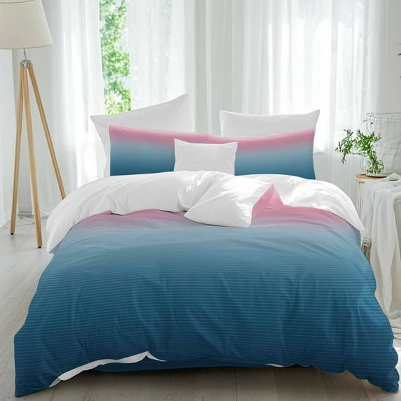 Pink Navy Duvet Cover Set King Size, Blue Stripe Gradient 4 Piece Soft Microfiber Bedding Set with 1 Duvet Cover, 1 Flat Sheet, 2 Pillowcases