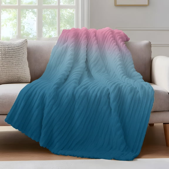 Pink Navy Throw Blanket for Couch Blue Gradient Soft and Warm Flannel 3D Striped Fluffy Fuzzy Fleece Blanket Lightweight Throw for Bed, Sofa 30 x 40 Inches