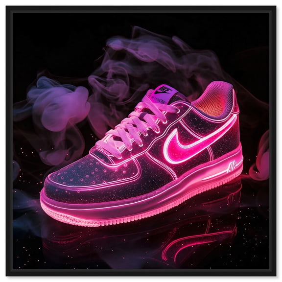 Pink Neon Nike Canvas Sneaker Art Print by Art Remedy, Black Frame, 16" x 16"