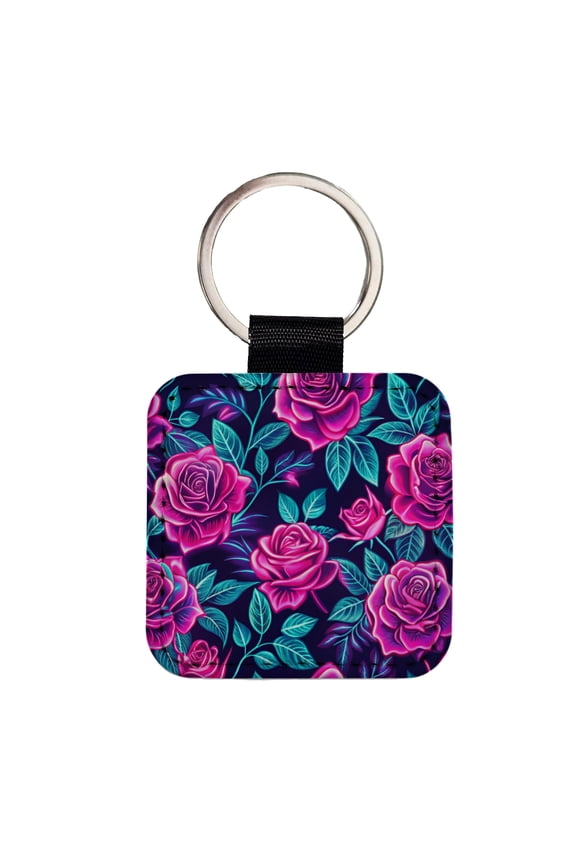 Pink Neon Rose Floral Pattern Faux Leather Square Keychain