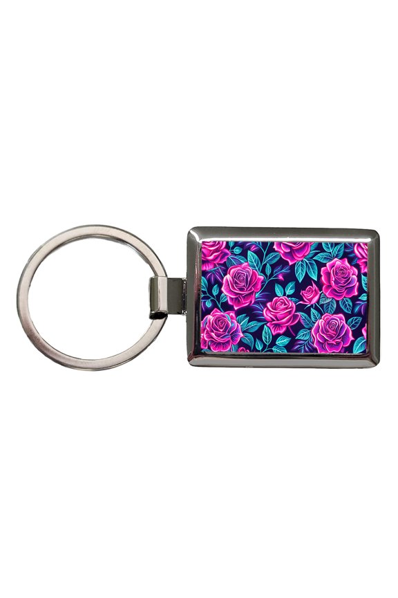 Pink Neon Rose Floral Pattern Metal Rectangle Keychain
