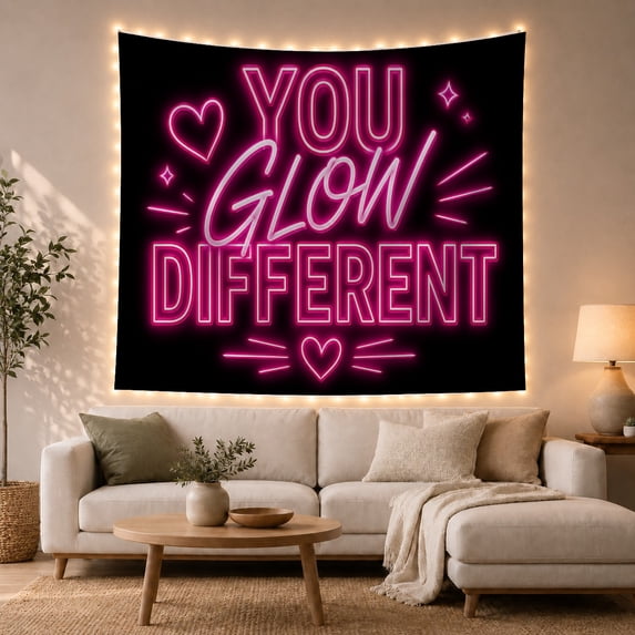 Pink Neon Sign YOU GLOW DIFFERENT Against Black Background, Inspirational Boho for Women, Motivational Wall Art, Housewarming Gift, Tapestry Wall Hanging for Bedroom and Living Room