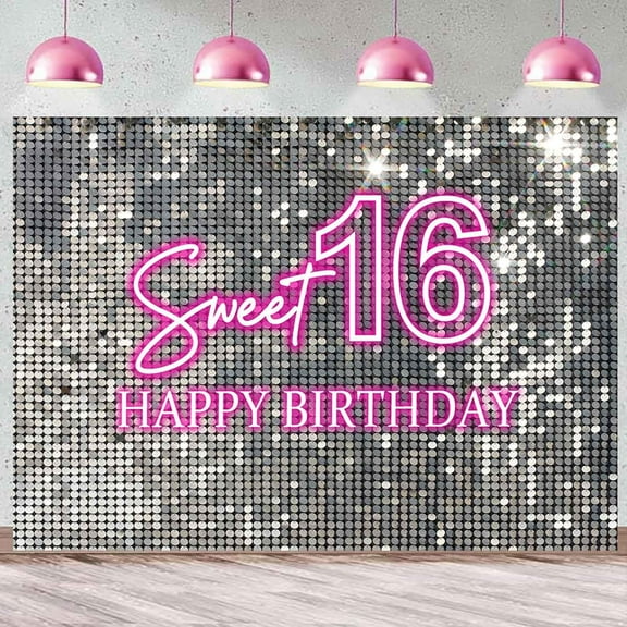 Pink Neon Sweet 16 Birthday Backdrop Silver Flash Square Sweet Sixteen Photography Background Shiny Sequin Wall Girls 16th Birthday Party Decorations Cake Table Banner Photo Booth Props