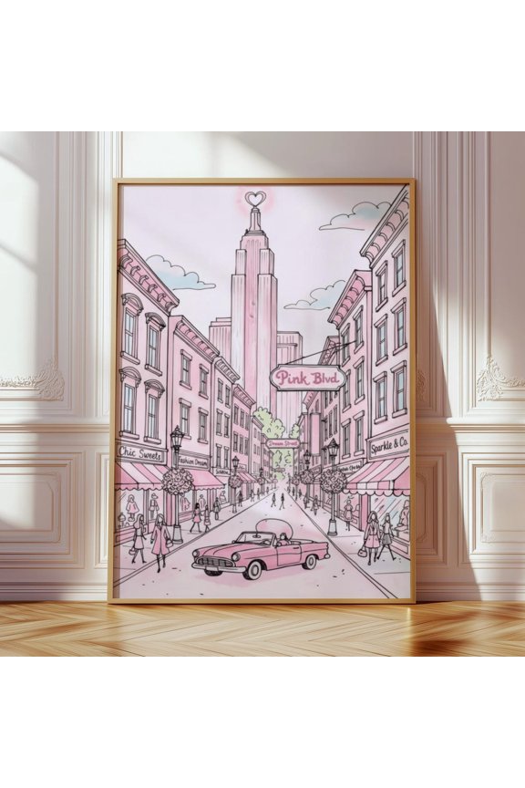 Pink New York City Print, Feminine Retro Poster, Dopamine Apartment Decor, Urban Street Art
