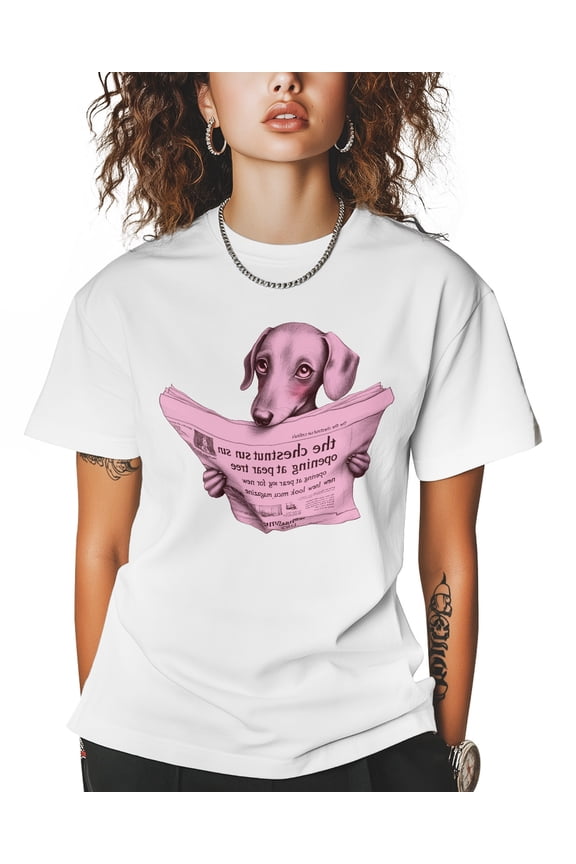 Pink Newspaper Puppy T Shirts for Women Short Sleeve Cotton Crewneck T-Shirt Funny Cute Pink Dog Tee Tops Casual Basic T-Shirts, XS-5XL White XS