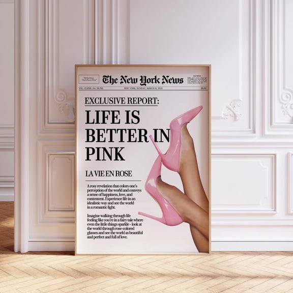 Pink Newspaper Vintage Girly News Headline Restroom Poster Art, Unframed Poster
