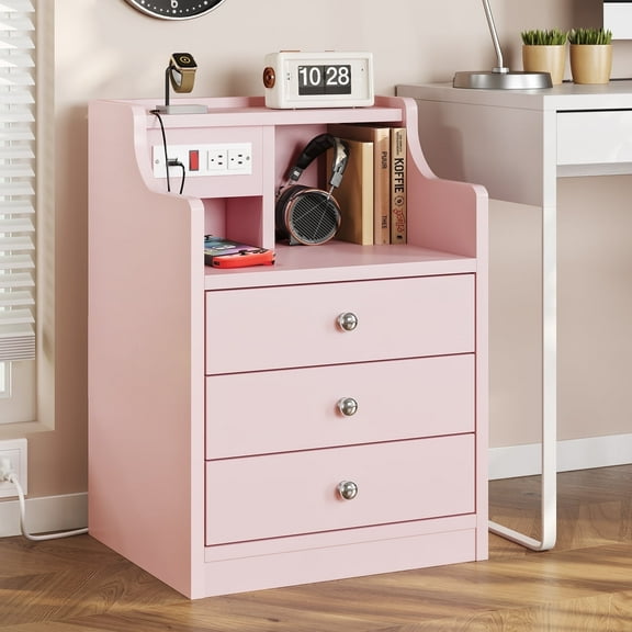 Pink Nightstand with Charging Station, Night Stands with Hutch and 3 Drawers, Bedroom End Table Bedside Table with 2 USB Ports & 2 Outlets