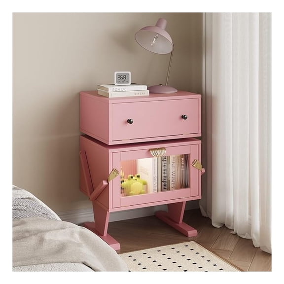 Pink Nightstand with LED Lights, Rotating Drawer End Table - Modern Bedroom Bedside Storage, Wood Night Stand for Home Office, 360° Swivel