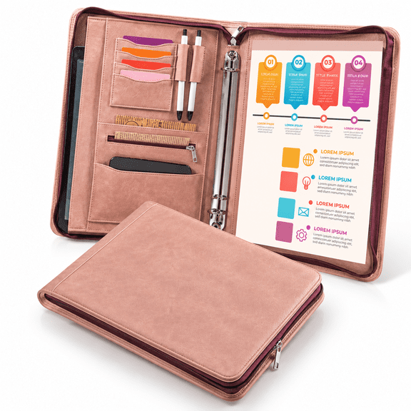 Pink Non-Customized Leather 3 Ring Zipper Portfolio Binder, A4 Letter Document Organizer for 13 Inch Laptops