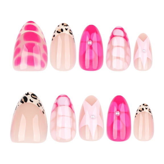 Pink Nude Leopard Print Press on Nails, Medium Almond Glossy False Nails with Vertical Stripe & Crisscross Patterns, 24 Count
