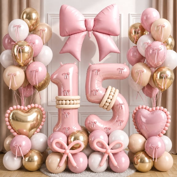 Happy Greetings 15th Birthday Party Decoration Kit Pink Bow Pink Number 15 Balloons - 60 Piece