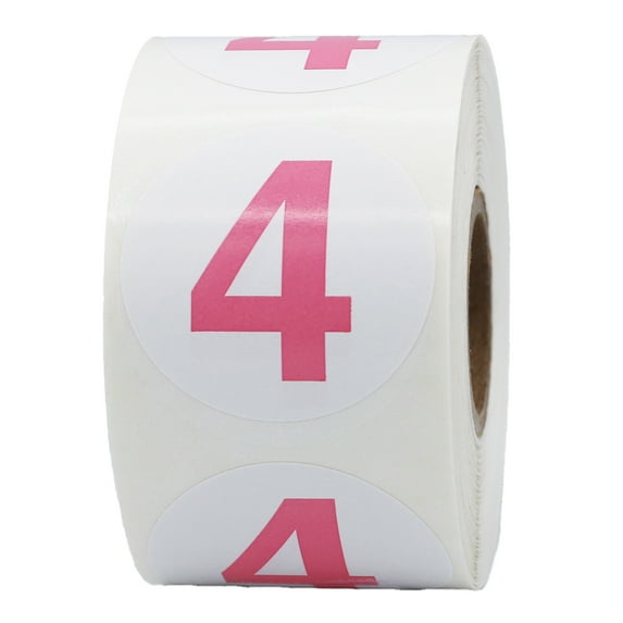 Pink Number 4 Circle Stickers | 1.5" Inches Round | 500 Pack