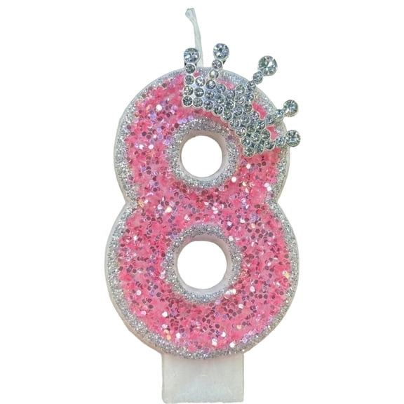 Pink Number Candle with Diamond Crown, Cartoon Style Birthday Cake Topper, Creative Party Celebration Supplies, Elegant Anniversary Decorating, Number 8