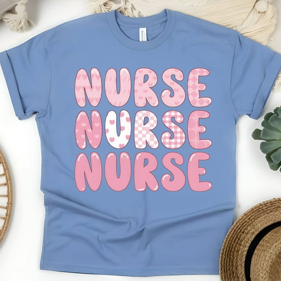 Pink Nurse T-Shirt with Hearts and Checkered Pattern, CarolinaBlue, Size S