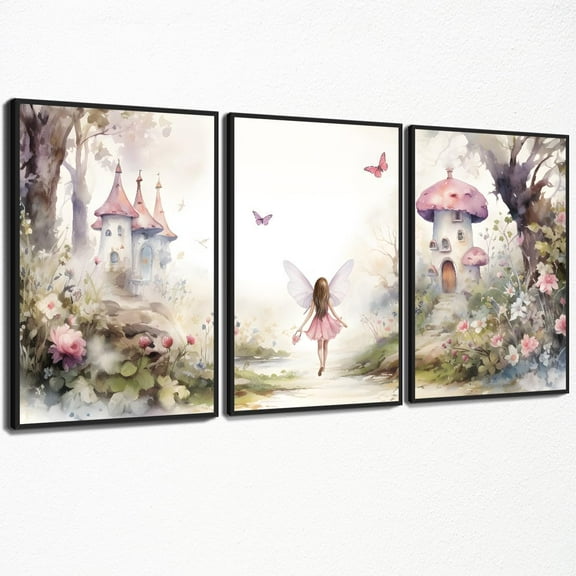 Pink Nursery Canvas Wall Art, Magic Mushroom Castle Poster, Pink Floral Forest Painting, Butterflies Girl Picture for Wall, Nature Botanical Flowers Art Print for Girls Baby Room 16x24in Unframed