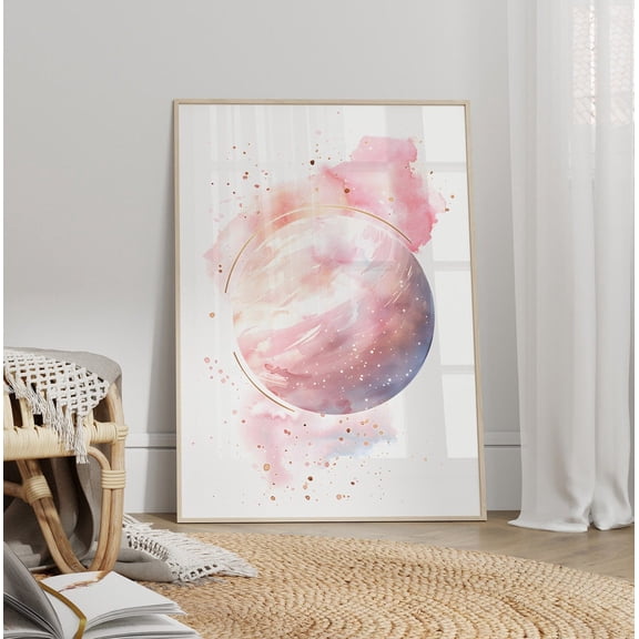 Pink Nursery Moon Space Wall Art, Outer Space Kids Decor, Unframed Paper Print Size 8x12