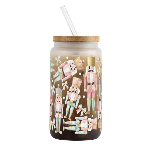 Sip-Sip Hooray! Pink Nutcracker Christmas 16 oz Frosted Glass Can Cup with Bamboo Lid